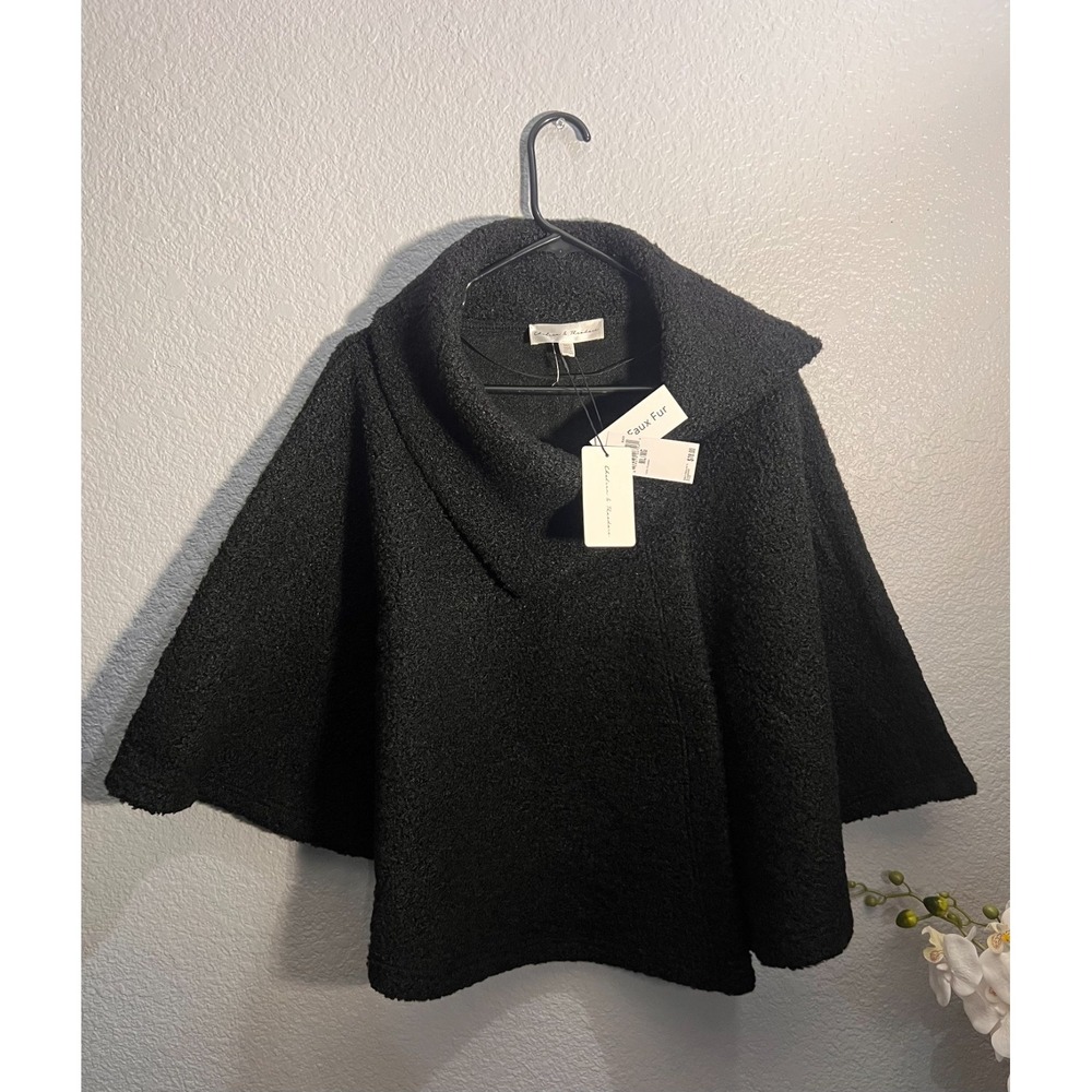 NWT Chelsea & Theodore Black Short Cape Poncho Asymmetric Cowl Neck Wool Blend